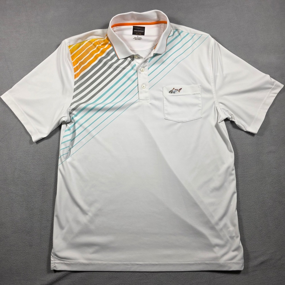 Greg Norman Polo Mens Large White Striped Tasso Elba Performance